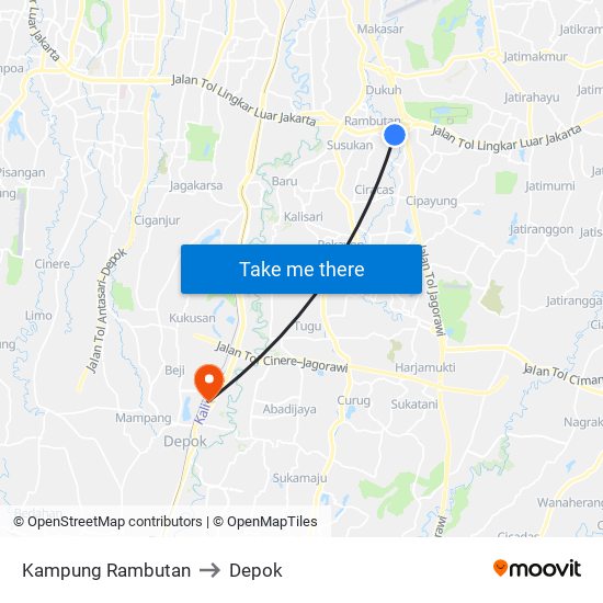 Kampung Rambutan to Depok map