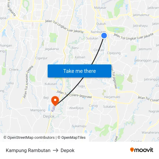 Kampung Rambutan to Depok map