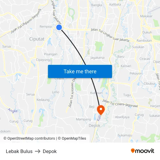 Lebak Bulus to Depok map
