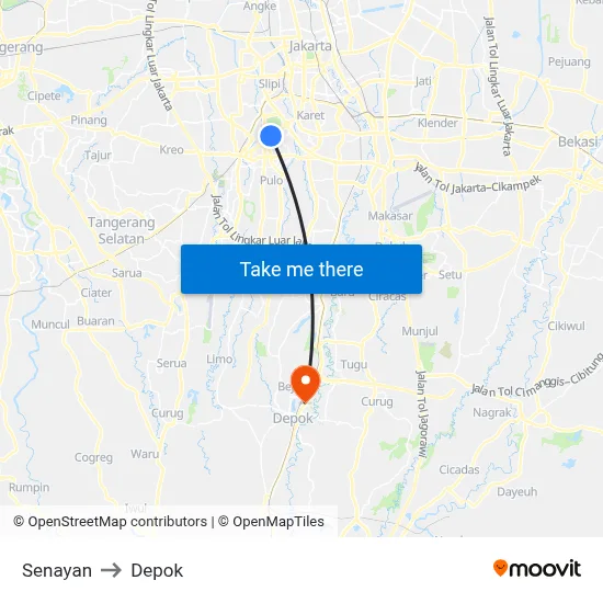 Senayan to Depok map