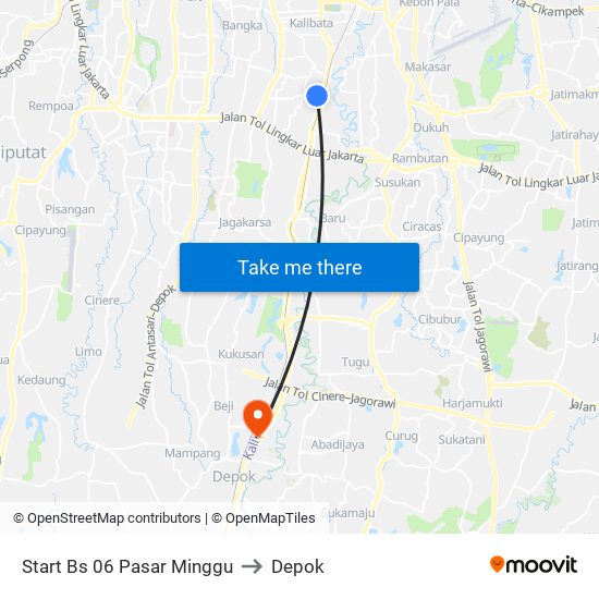 Start Bs 06 Pasar Minggu to Depok map