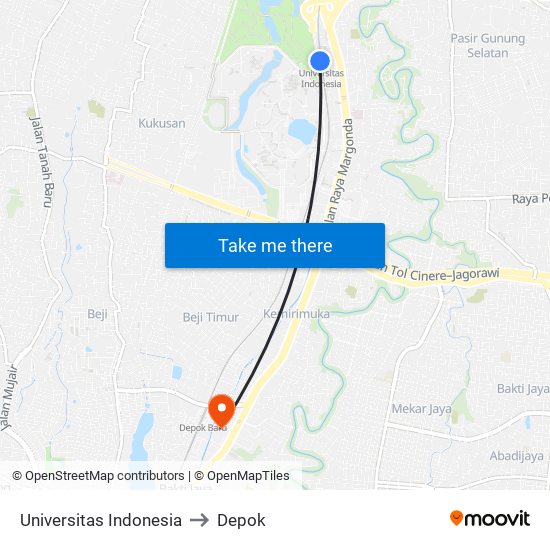 Universitas Indonesia to Depok map