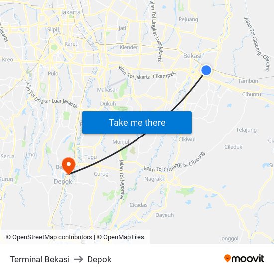 Terminal Bekasi to Depok map