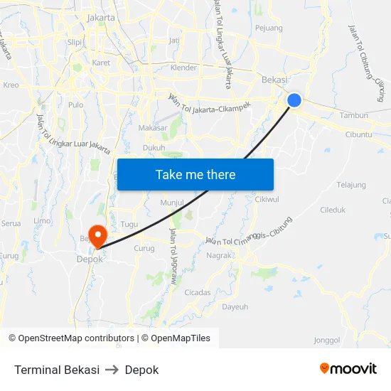 Terminal Bekasi to Depok map