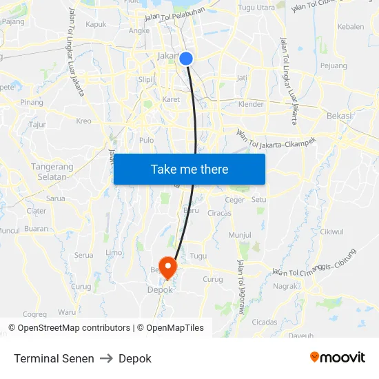 Terminal Senen to Depok map
