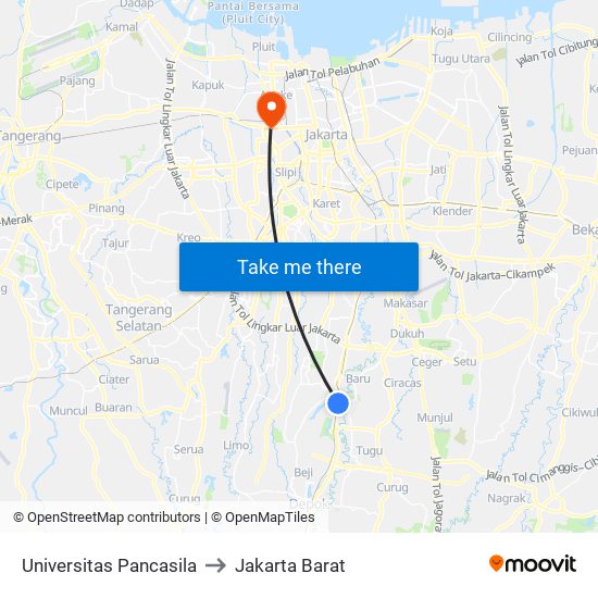 Universitas Pancasila to Jakarta Barat map