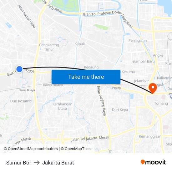 Sumur Bor to Jakarta Barat map