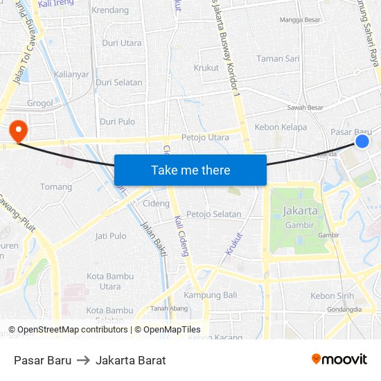 Pasar Baru to Jakarta Barat map