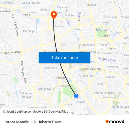 Istora Mandiri to Jakarta Barat map