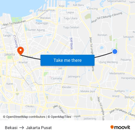 Bekasi to Jakarta Pusat map