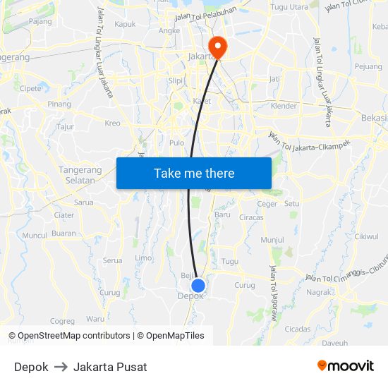 Depok to Jakarta Pusat map
