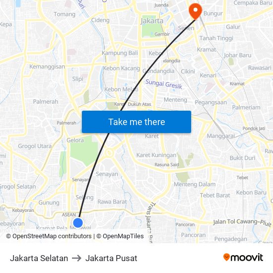 Jakarta Selatan to Jakarta Pusat map