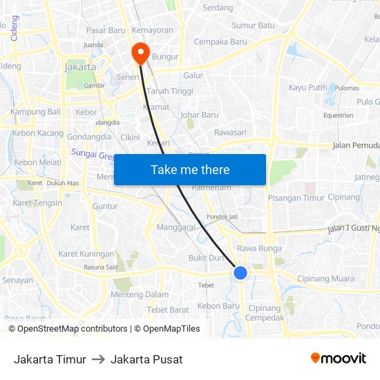 Jakarta Timur to Jakarta Pusat map