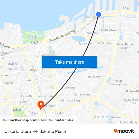 Jakarta Utara to Jakarta Pusat map