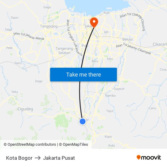 Kota Bogor to Jakarta Pusat map