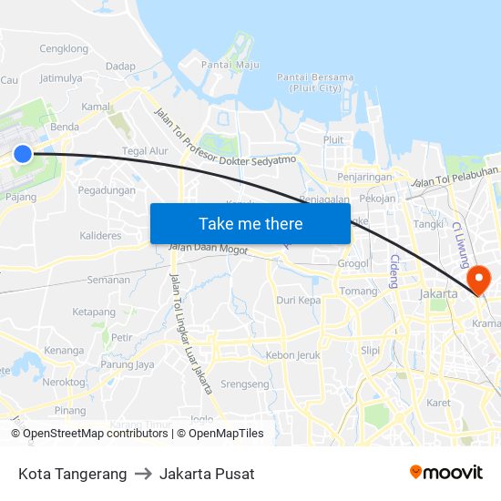 Kota Tangerang to Jakarta Pusat map