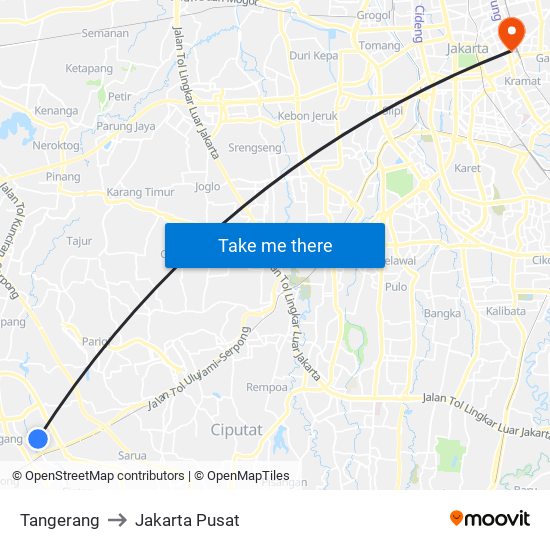 Tangerang to Jakarta Pusat map