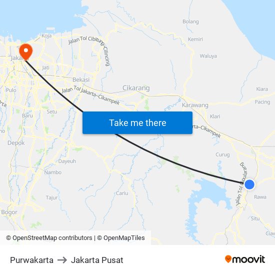 Purwakarta to Jakarta Pusat map
