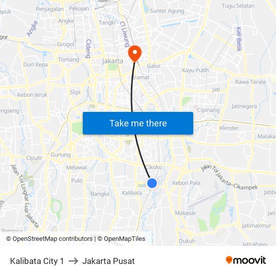 Kalibata City 1 to Jakarta Pusat map