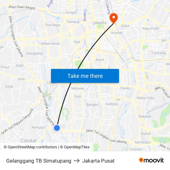 Gelanggang TB Simatupang to Jakarta Pusat map