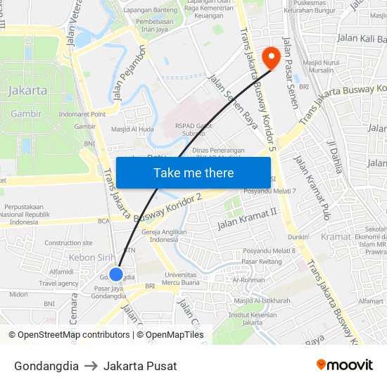 Gondangdia to Jakarta Pusat map