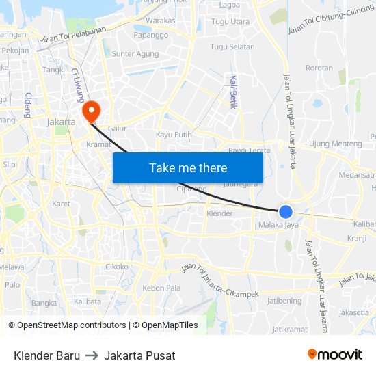 Klender Baru to Jakarta Pusat map