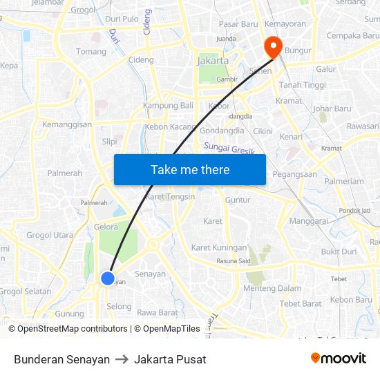 Bunderan Senayan to Jakarta Pusat map