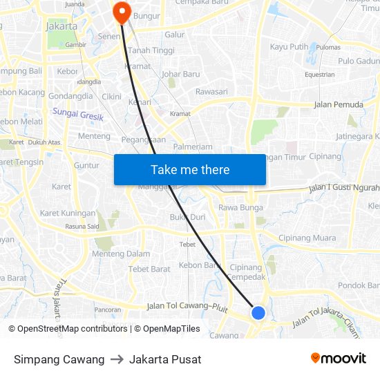 Simpang Cawang to Jakarta Pusat map