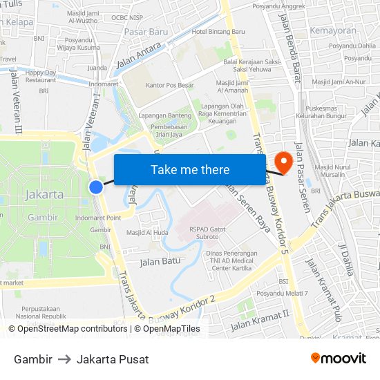 Gambir to Jakarta Pusat map