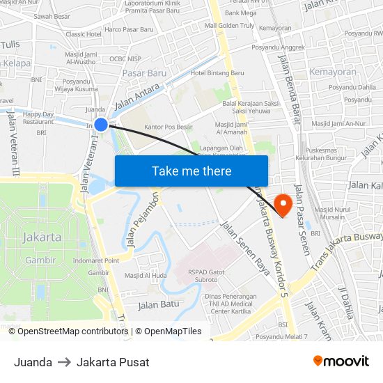 Juanda to Jakarta Pusat map