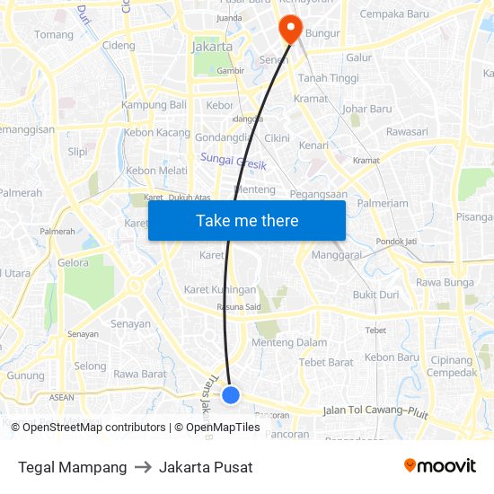 Tegal Mampang to Jakarta Pusat map