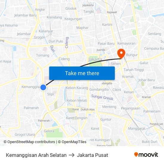 Kemanggisan Arah Selatan to Jakarta Pusat map