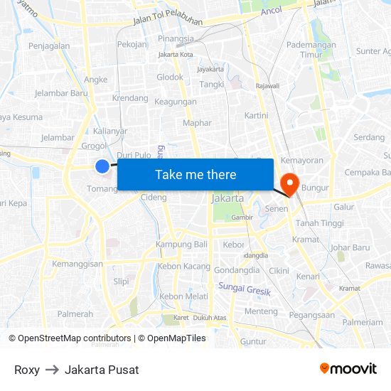 Roxy to Jakarta Pusat map