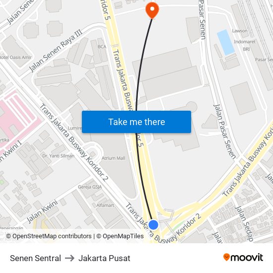 Senen Sentral to Jakarta Pusat map