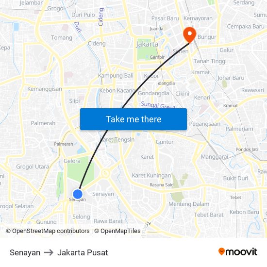 Senayan to Jakarta Pusat map
