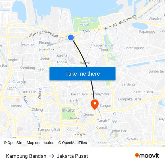 Kampung Bandan to Jakarta Pusat map