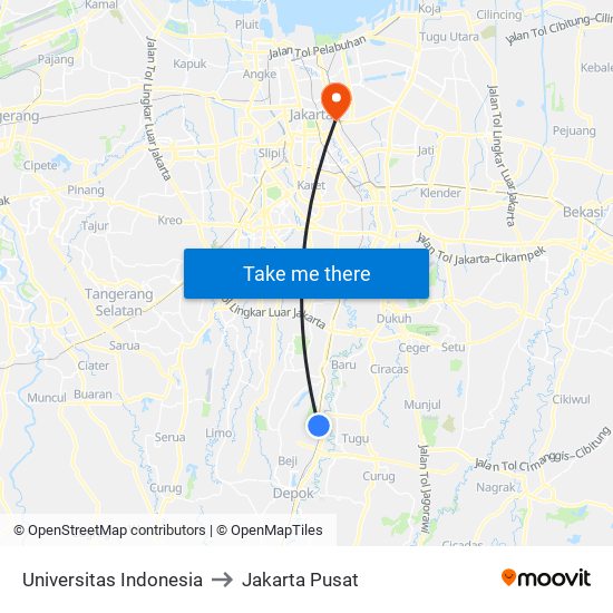 Universitas Indonesia to Jakarta Pusat map
