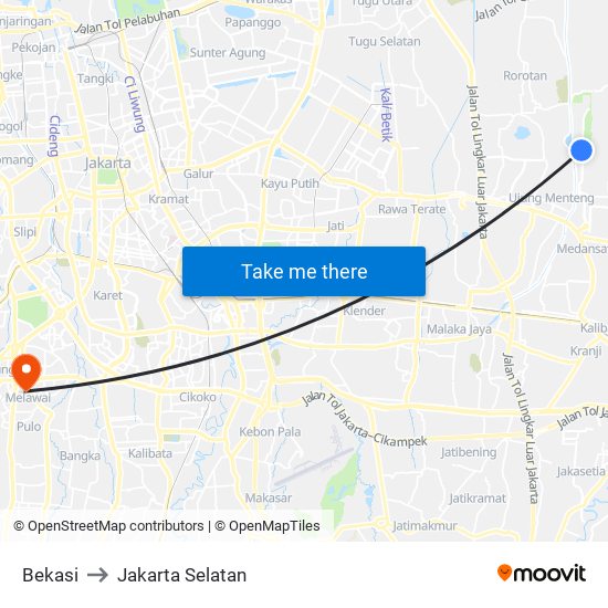 Bekasi to Jakarta Selatan map