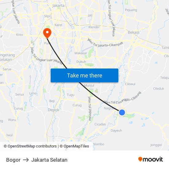 Bogor to Jakarta Selatan map