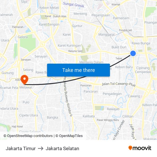 Jakarta Timur to Jakarta Selatan map