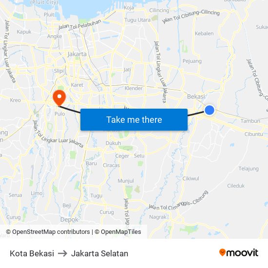 Kota Bekasi to Jakarta Selatan map
