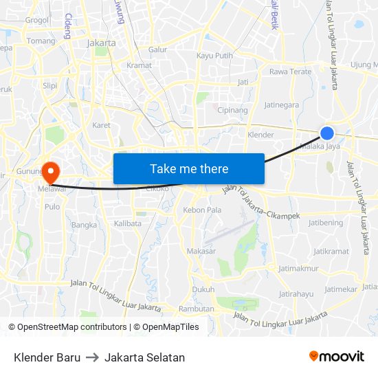 Klender Baru to Jakarta Selatan map