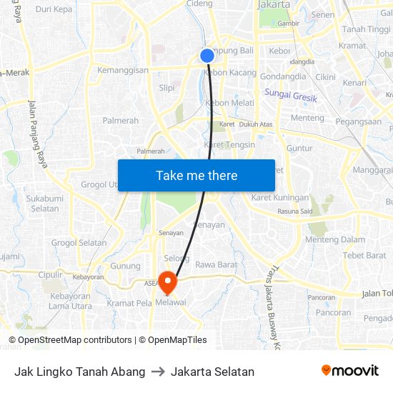 Jak Lingko Tanah Abang to Jakarta Selatan map