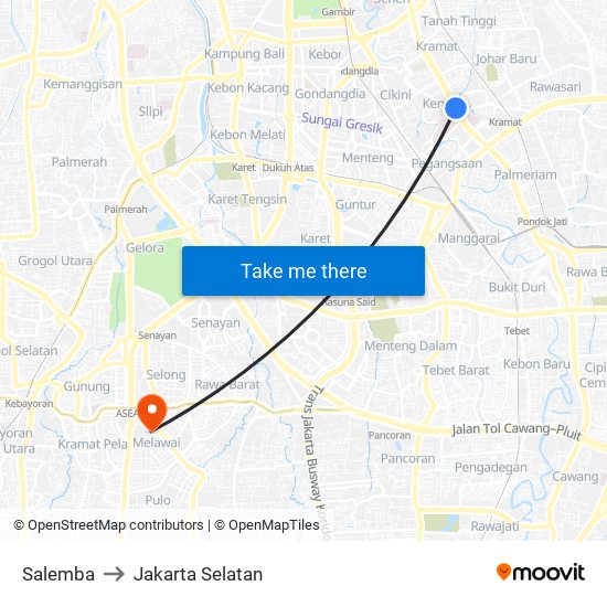 Salemba to Jakarta Selatan map