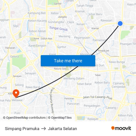 Simpang Pramuka to Jakarta Selatan map