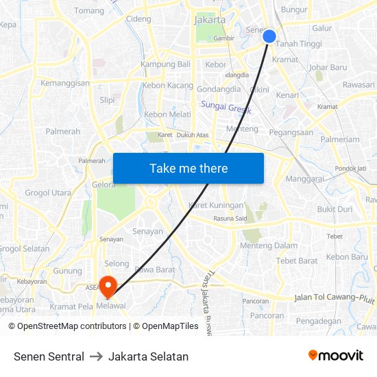 Senen Sentral to Jakarta Selatan map