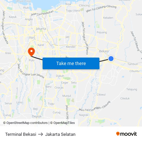 Terminal Bekasi to Jakarta Selatan map