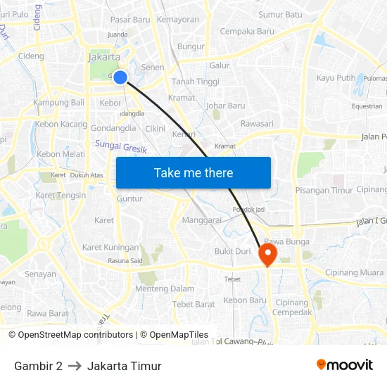 Gambir 2 to Jakarta Timur map