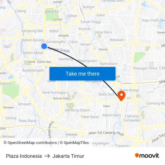 Plaza Indonesia to Jakarta Timur map