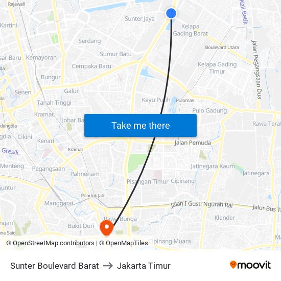 Sunter Boulevard Barat to Jakarta Timur map